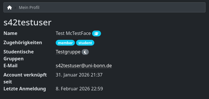 Screenshot of a test account profile