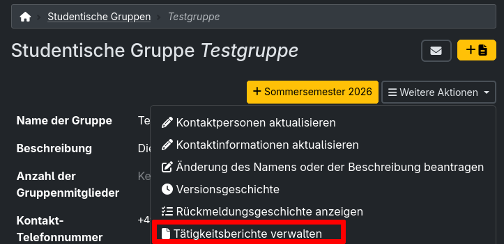Screenshot of the menu on the detail page of a student group with the highlighted button to the overview page of activity reports