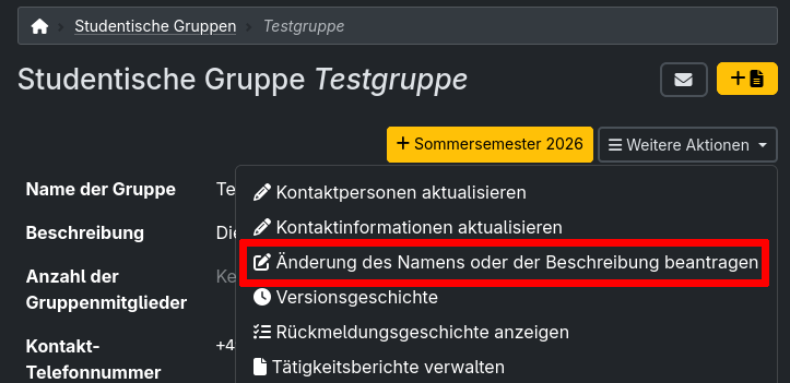 Screenshot of the menu on the detail page of a student group with the highlighted button to the form