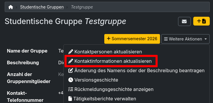 Screenshot of the menu on the detail page of a student group with the highlighted button to the form for editing contact details