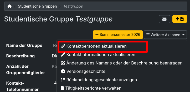 Screenshot of the menu on the detail page of a student group with the highlighted button to the form for editing contact persons