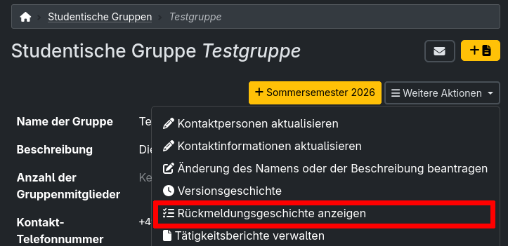 Screenshot of a student group's detail page with the button to the registration history highlighted
